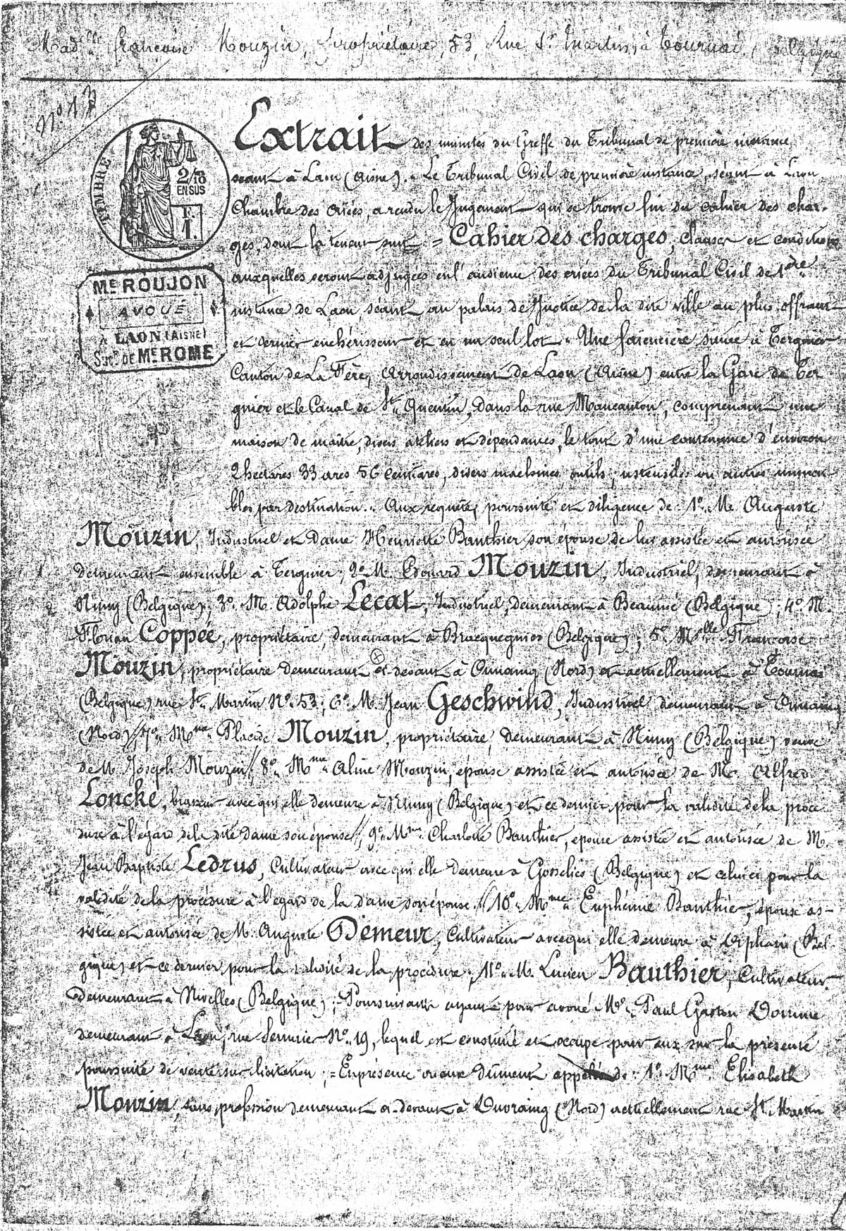 Page 1 d'extraits des minutes du tribunal de première instance à Laon de la vente de la faïencerie Auguste Mouzin et Cie à Tergnier