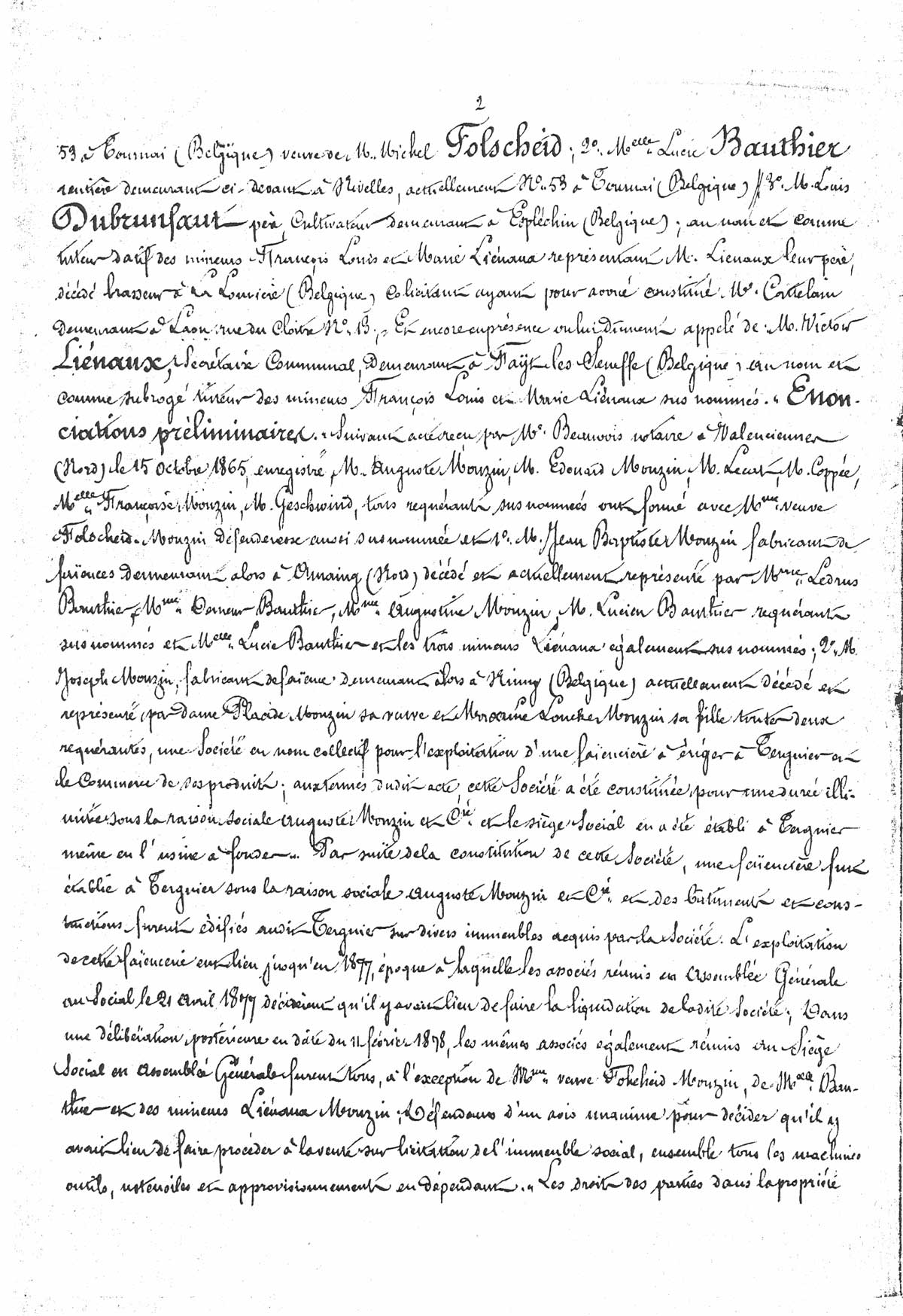 Page 2 d'extraits des minutes du tribunal de première instance à Laon de la vente de la faïencerie Auguste Mouzin et Cie à Tergnier
