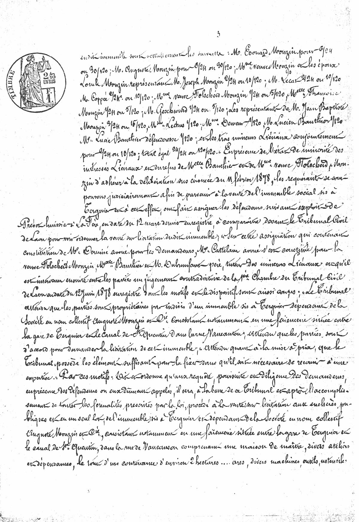 Page 3 d'extraits des minutes du tribunal de première instance à Laon de la vente de la faïencerie Auguste Mouzin et Cie à Tergnier