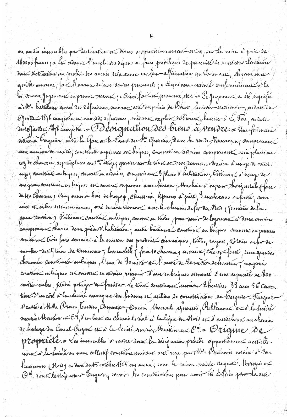Page 4 d'extraits des minutes du tribunal de première instance à Laon de la vente de la faïencerie Auguste Mouzin et Cie à Tergnier