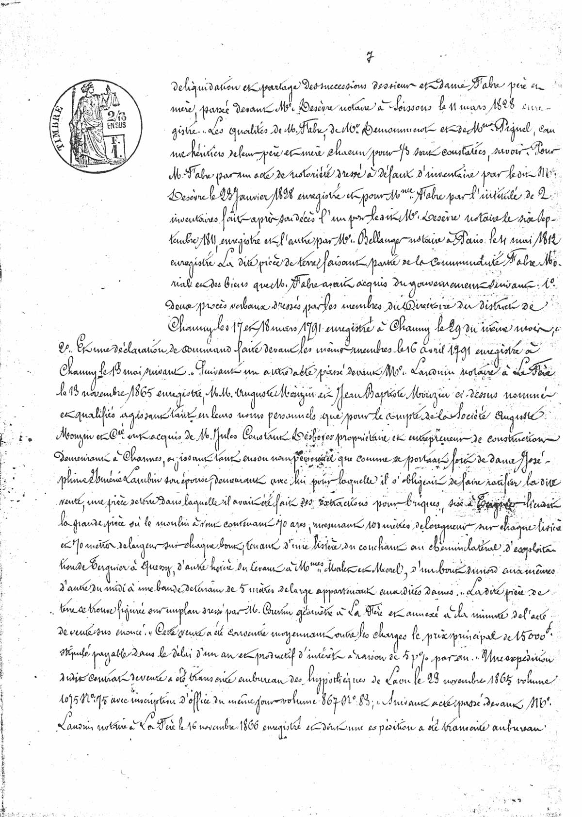 Page 7 d'extraits des minutes du tribunal de première instance à Laon de la vente de la faïencerie Auguste Mouzin et Cie à Tergnier