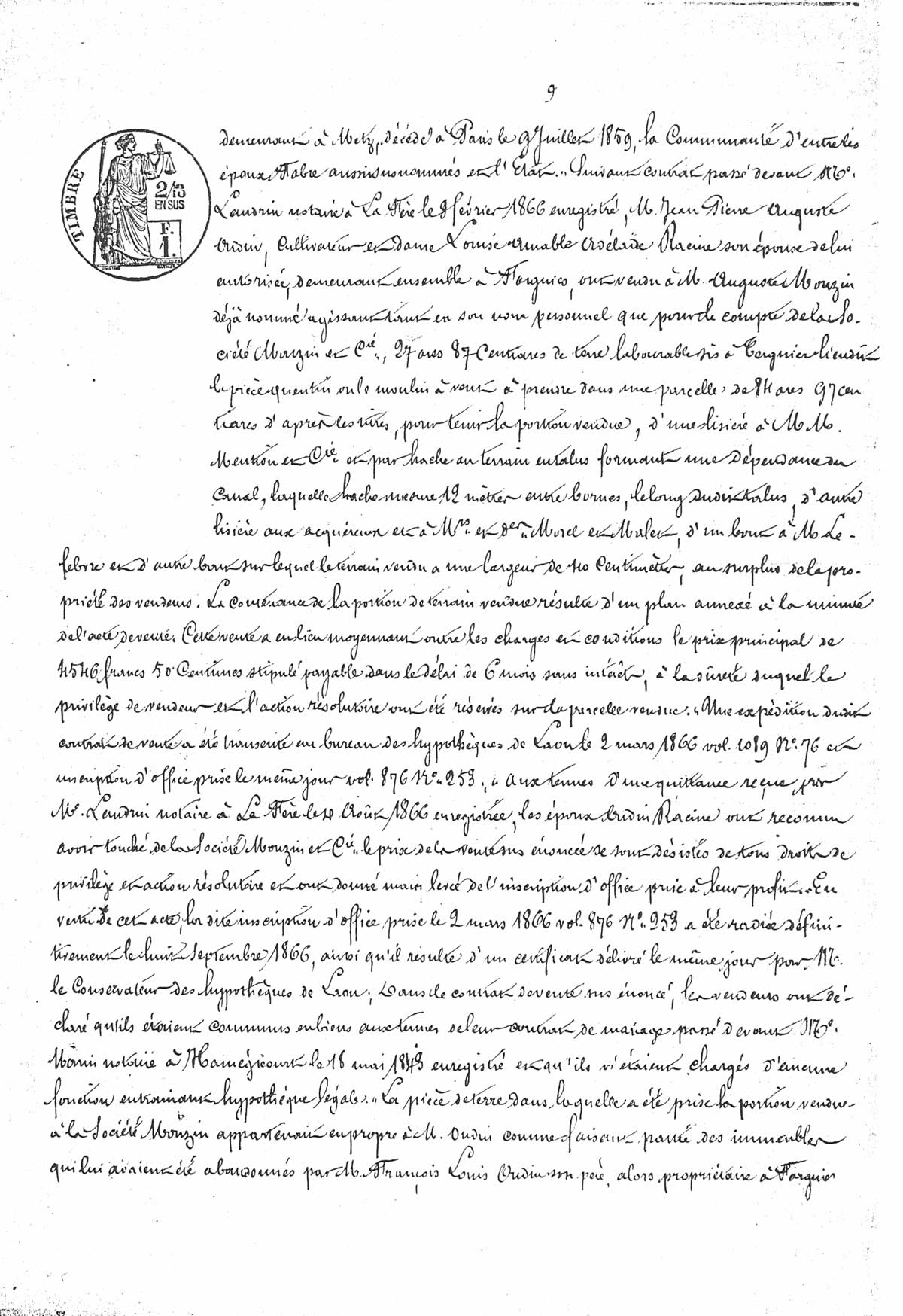 Page 9 d'extraits des minutes du tribunal de première instance à Laon de la vente de la faïencerie Auguste Mouzin et Cie à Tergnier