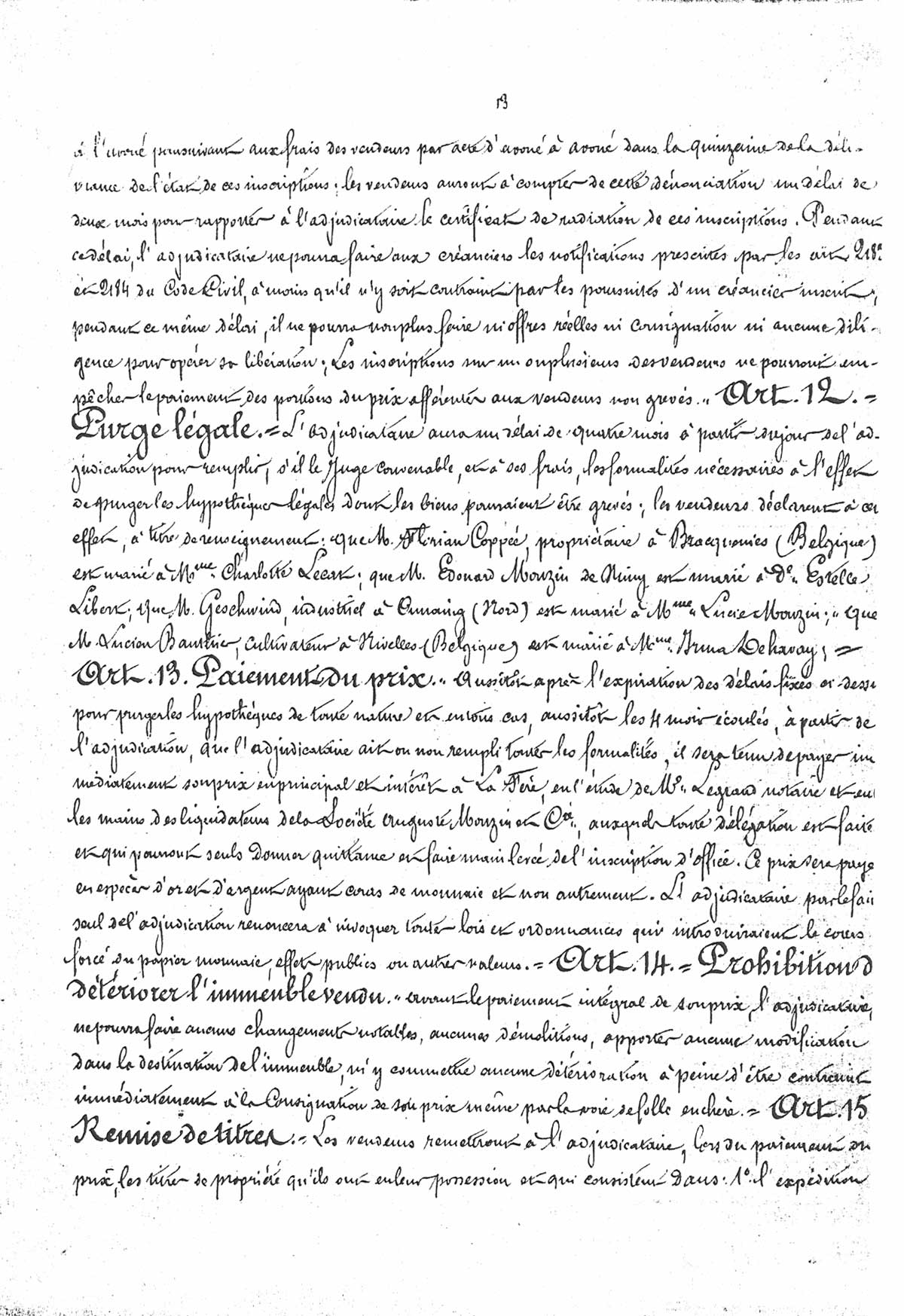 Page 13 d'extraits des minutes du tribunal de première instance à Laon de la vente de la faïencerie Auguste Mouzin et Cie à Tergnier
