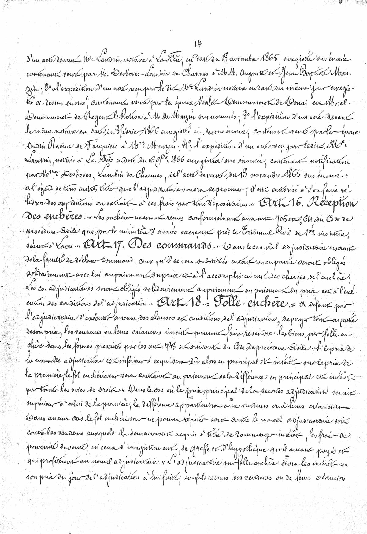 Page 14 d'extraits des minutes du tribunal de première instance à Laon de la vente de la faïencerie Auguste Mouzin et Cie à Tergnier