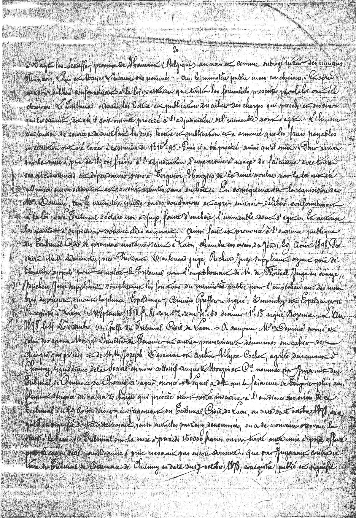 Page 20 d'extraits des minutes du tribunal de première instance à Laon de la vente de la faïencerie Auguste Mouzin et Cie à Tergnier