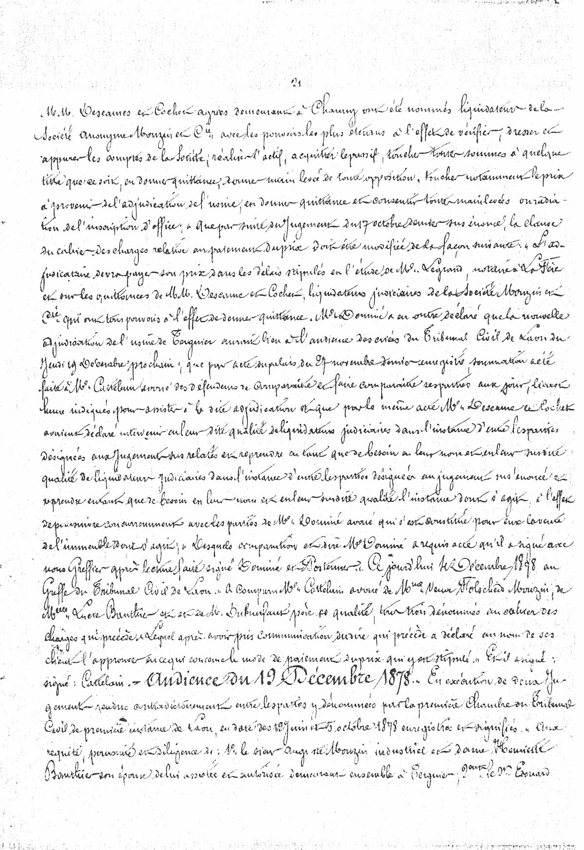 Page 21 d'extraits des minutes du tribunal de première instance à Laon de la vente de la faïencerie Auguste Mouzin et Cie à Tergnier