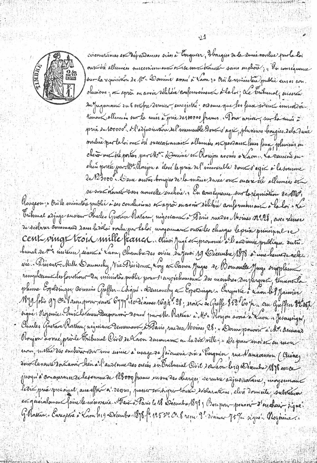 Page 23 d'extraits des minutes du tribunal de première instance à Laon de la vente de la faïencerie Auguste Mouzin et Cie à Tergnier