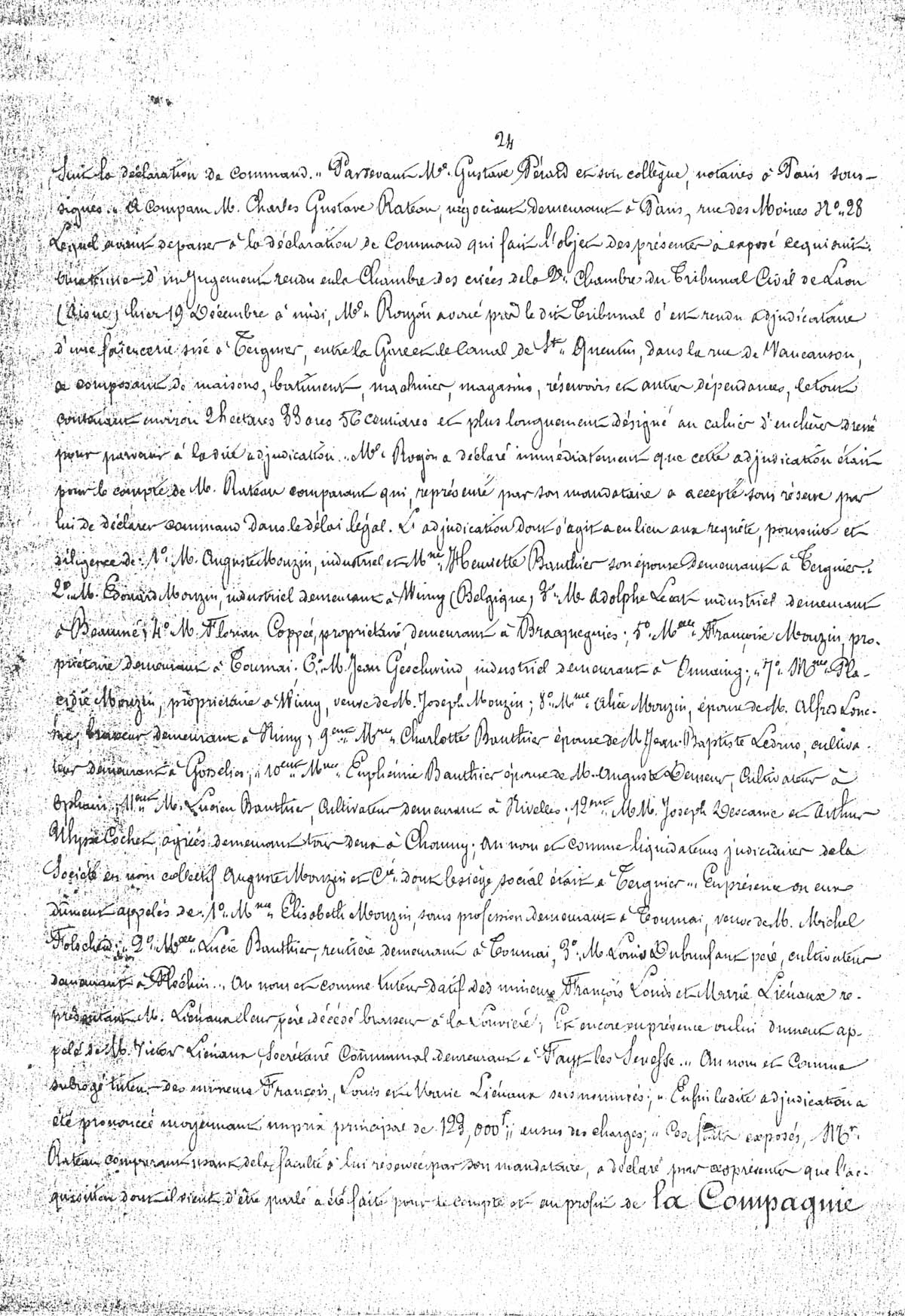 Page 24 d'extraits des minutes du tribunal de première instance à Laon de la vente de la faïencerie Auguste Mouzin et Cie à Tergnier