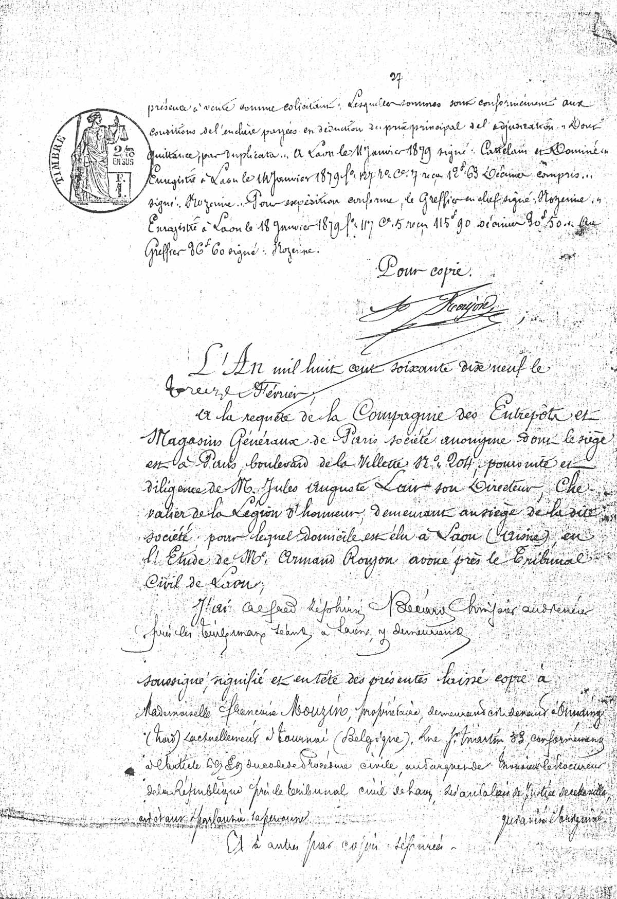 Page 27 d'extraits des minutes du tribunal de première instance à Laon de la vente de la faïencerie Auguste Mouzin et Cie à Tergnier