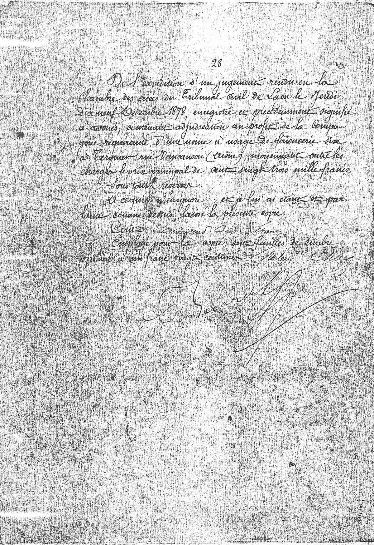 Page 28 d'extraits des minutes du tribunal de première instance à Laon de la vente de la faïencerie Auguste Mouzin et Cie à Tergnier