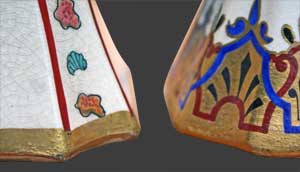 Vuede la qualité de l'or d'un des deux vases à côté d'un vase de Tergnier.