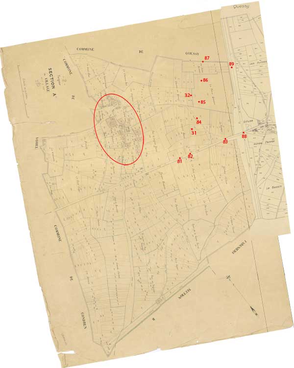 Plan cadastral de 1824 où sont positionnés quelques points remarquables