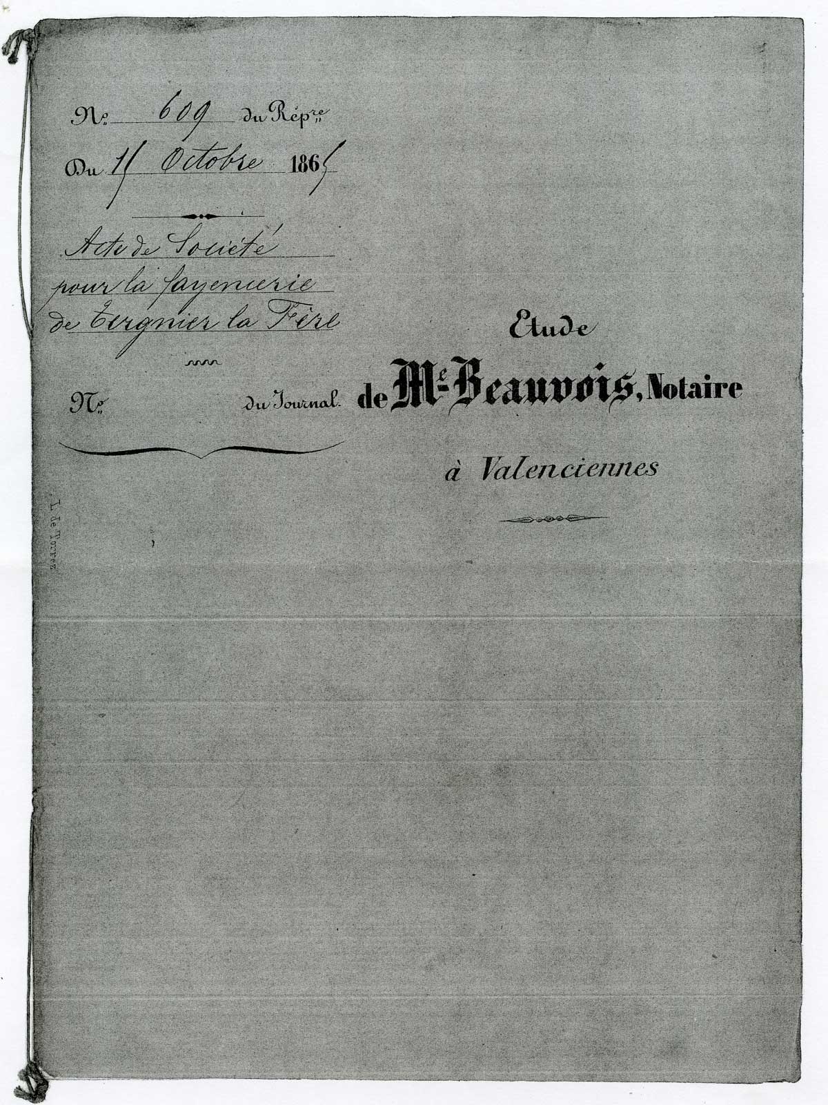 Couverture de l'acte de société de la faïencerie d'Auguste Mouzin et Cie