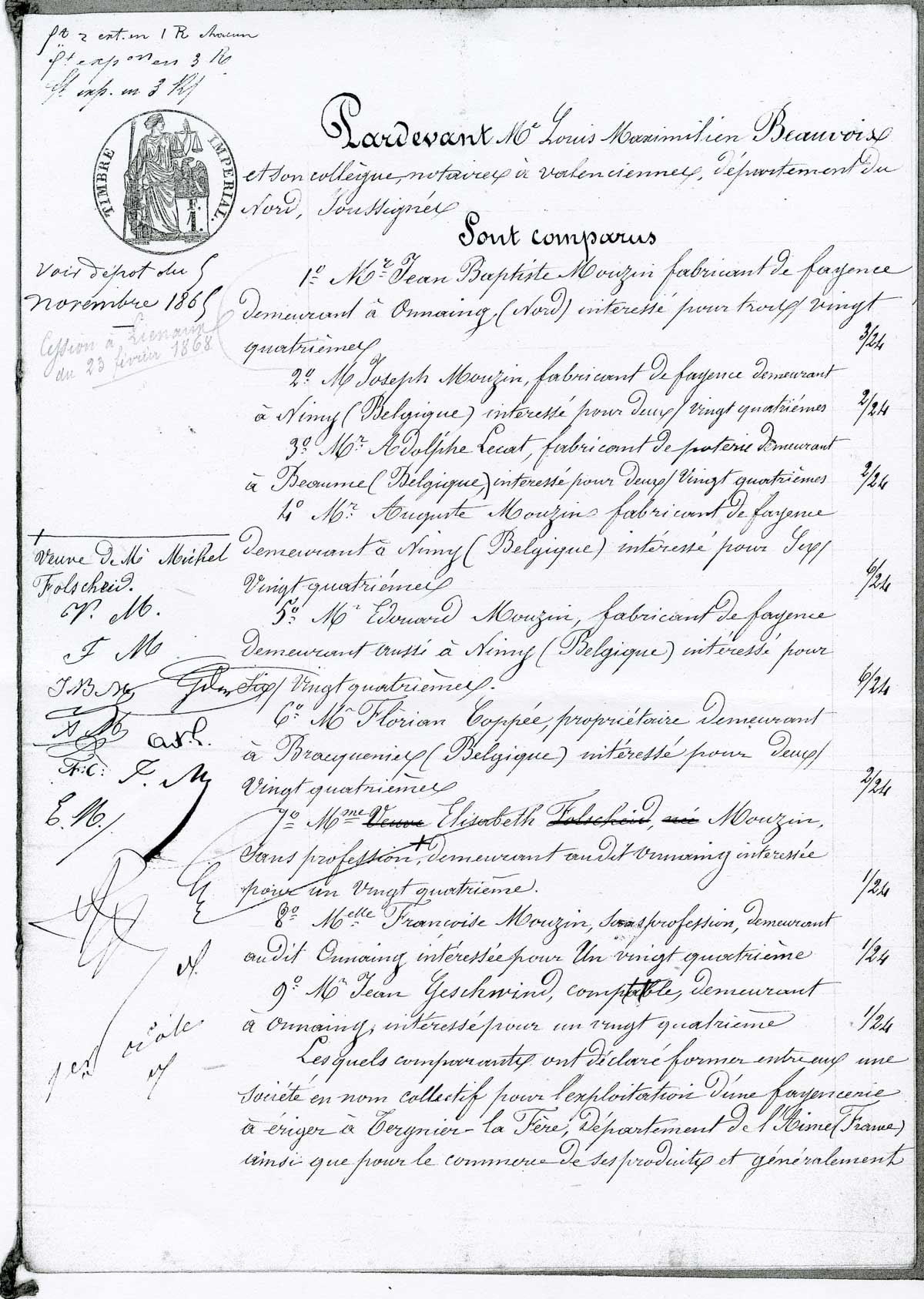 Page 1 de l'acte de société de la faïencerie d'Auguste Mouzin et Cie