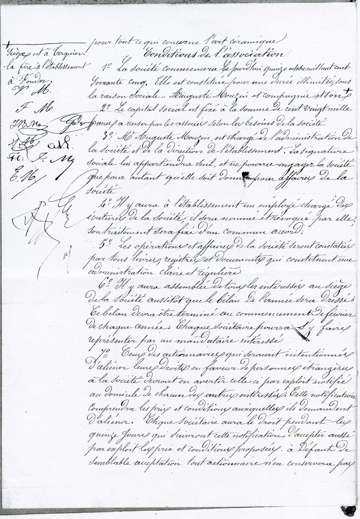 Page 2 de l'acte de société de la faïencerie d'Auguste Mouzin et Cie
