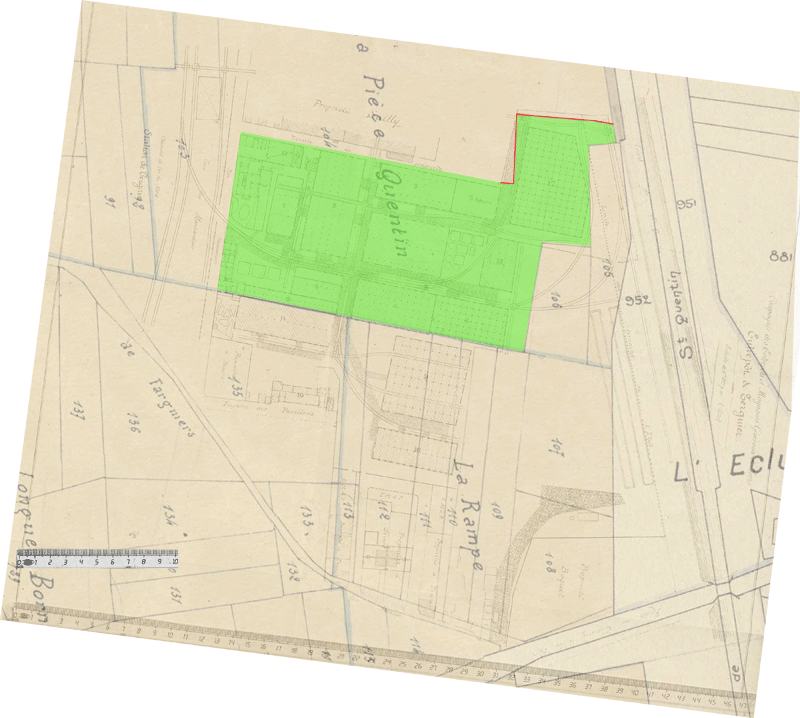Plan des Entrepôts superposé au plan de 1824 où est délimité le domaine de la faïencerie