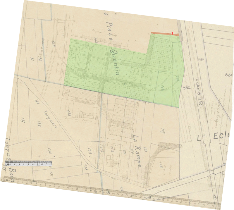 Plan des Entrepôts superposé au plan de 1824 où est tracé le terrain 1