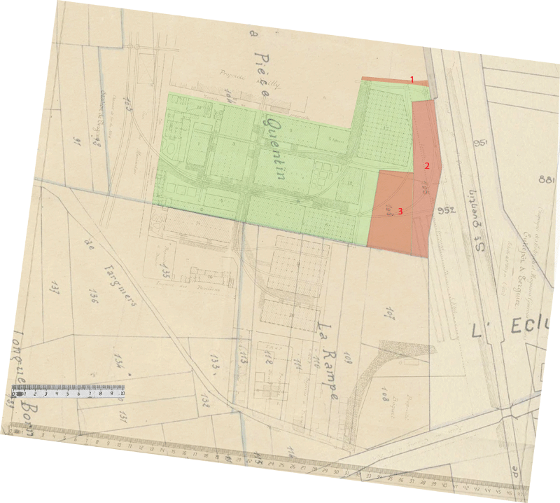 Plan des Entrepôts superposé au plan de 1824 où est tracé en plus les terrains 2 et 3