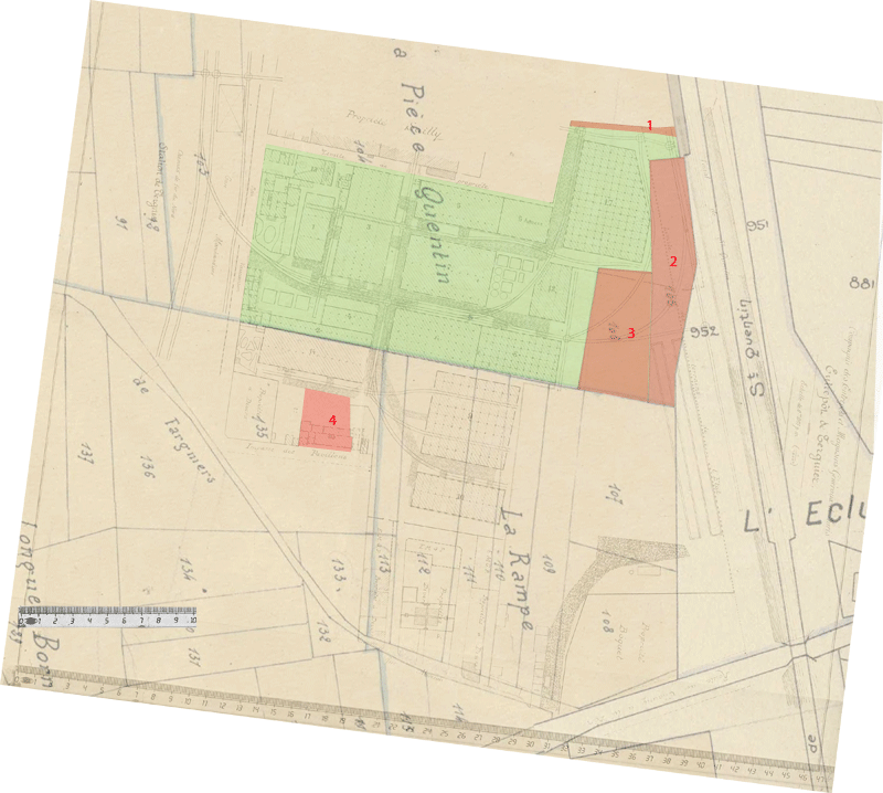 Plan des Entrepôts superposé au plan de 1824 où est tracé en plus le terrain 4