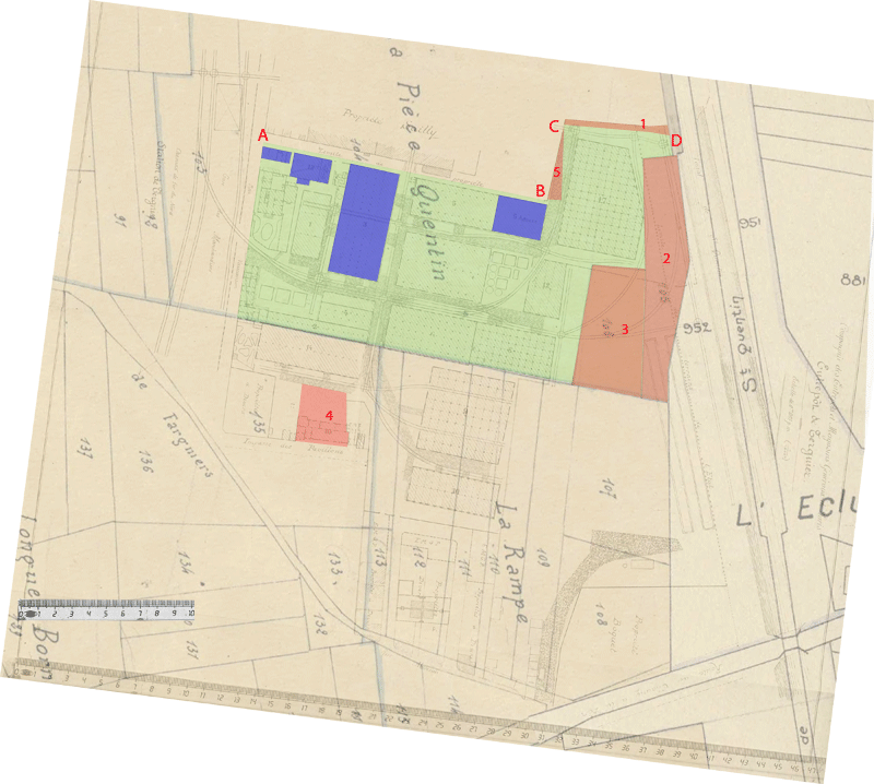 Plan des Entrepôts superposé au plan de 1824 où est placé en plus le terrain 5