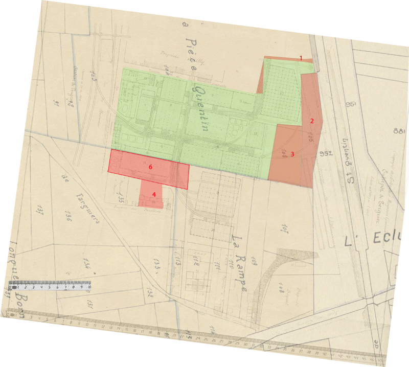 Plan des Entrepôts superposé au plan de 1824 où est placé en plus le terrain 6