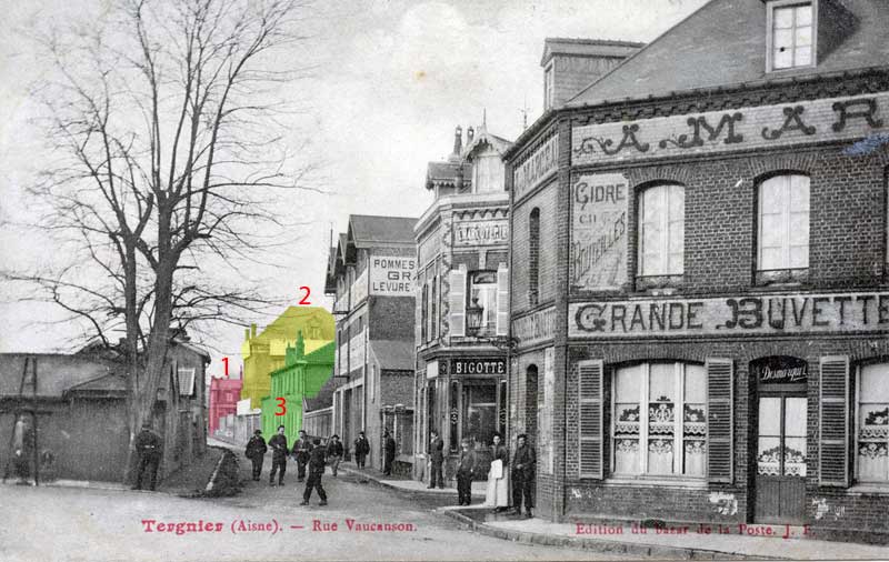 Vue de l'entrée de la rue où se trouve la faïencerie avec annotations